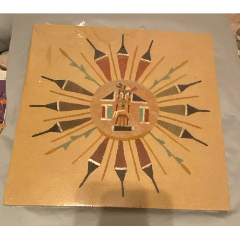 Vintage Navajo Sand Painting Sun And Rays Face Man 12 X12 Inches